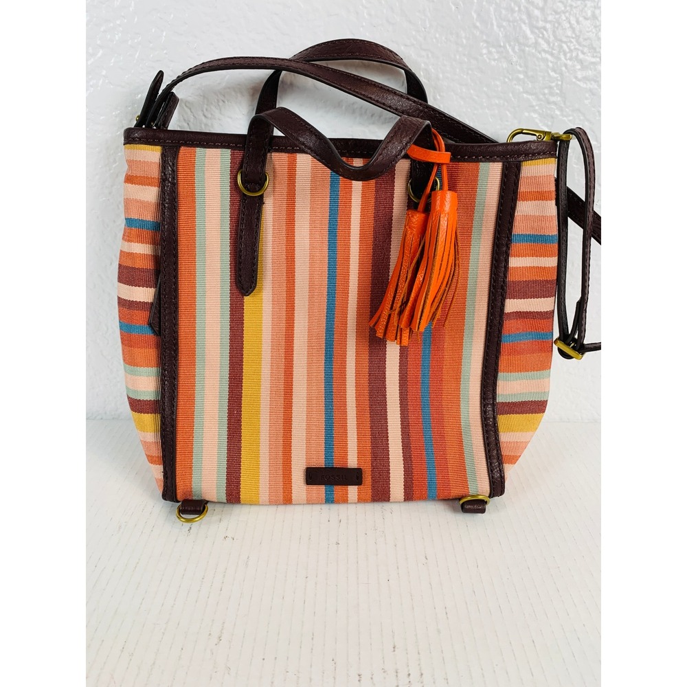 Fossil Shoulder Bag Womens Multicolor Striped Canvas Leather Trim Tassel Boho